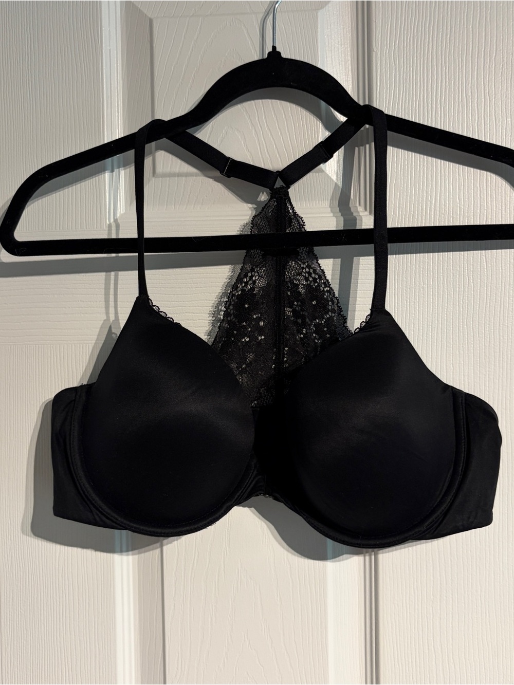 Victoria’s Secret lined Demi Racerback Bra Size 38C Black with Lace Front clasp
